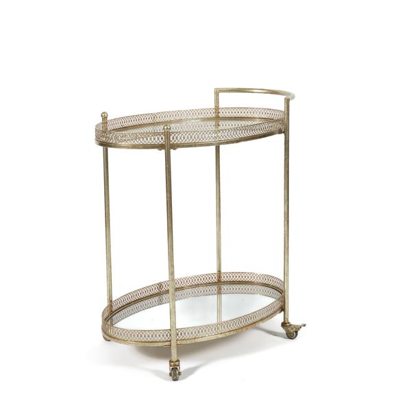 A GILT METAL AND MIRRORED GLASS OVAL TWO TIER DRINKS TROLLEY