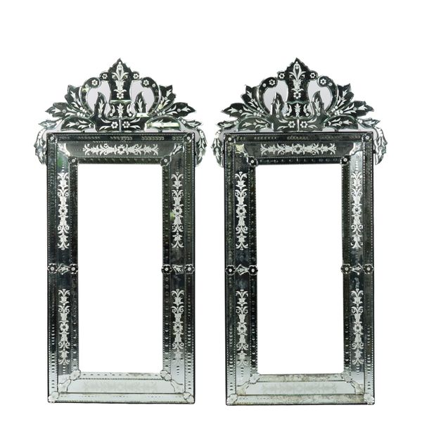 A PAIR OF VENETIAN CUT AND ETCHED GLASS CUSHION FRAMED WALL MIRRORS (2)