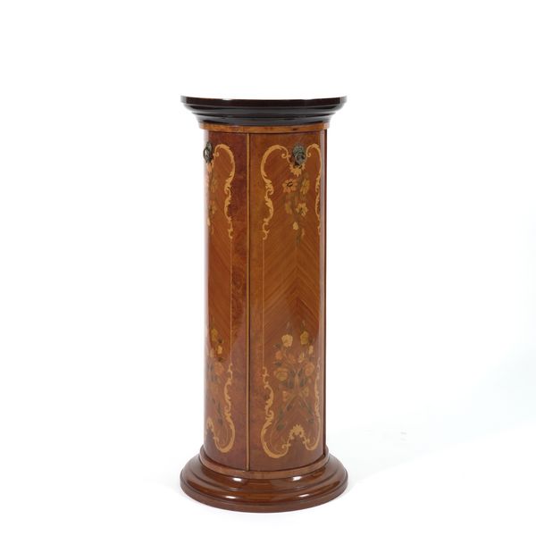 A GILT METAL MOUNTED MARQUETRY INLAID FIGURED WALNUT CYLINDRICAL  JARDINIERE STAND