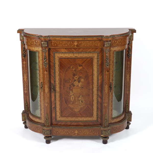 A GILT METAL MOUNTED MARQUETRY INLAID FIGURED WALNUT AND KINGWOOD CREDENZA