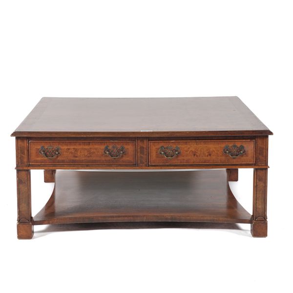 A BURR WALNUT SQUARE COFFEE TABLE