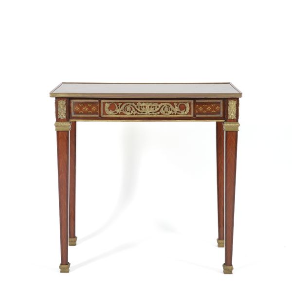 A GILT METAL MOUNTED MARQUETRY AND PARQUETRY INLAID MAHOGANY RECTANGULAR FREESTANDING CENTRE TABLE