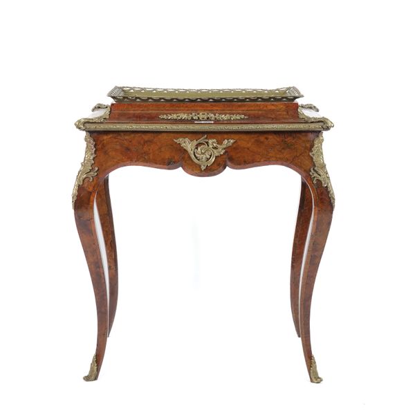 A 19TH CENTURY GILT METAL MOUNTED RECTANGULAR FIGURED WALNUT JARDINIERE TABLE