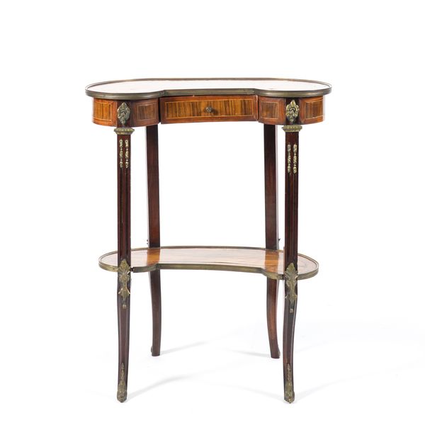 A GILT METAL MOUNTED INLAID KINGWOOD AND WALNUT KIDNEY SHAPED OCCASIONAL TABLE