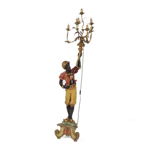 A POLYCHROME PAINTED FIGURAL CANDELABRA