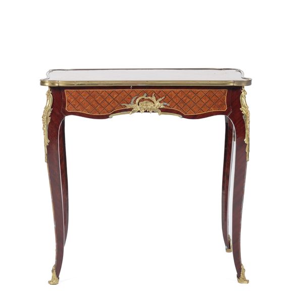 A GILT METAL MOUNTED PARQUETRY INLAID MAHOGANY CENTRE TABLE