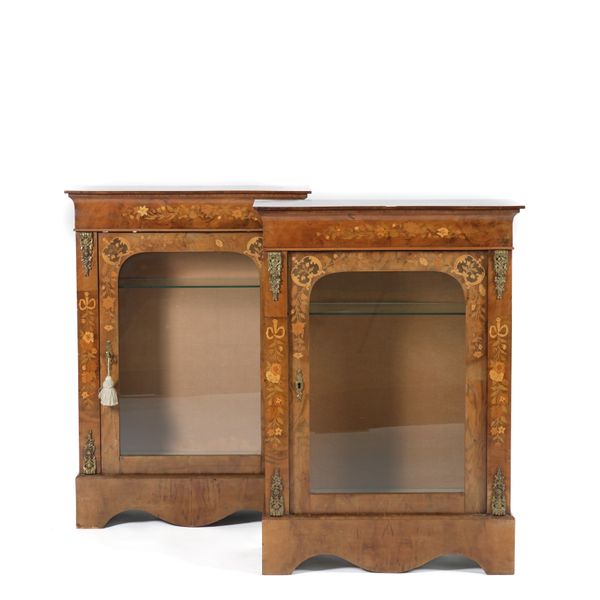 A PAIR OF GILT METAL MOUNTED MARQUETRY INLAID WALNUT PIER CABINETS (2)