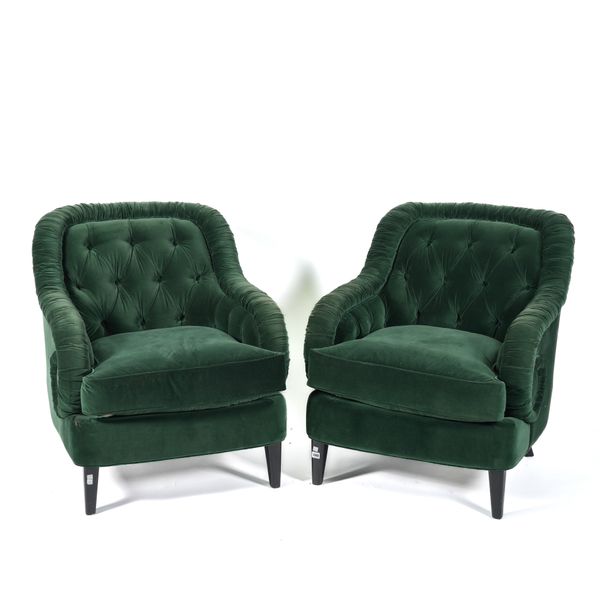 COACH HOUSE; A PAIR OF BUTTONBACK FOREST GREEN UPHOLSTERED ARMCHAIRS (2)