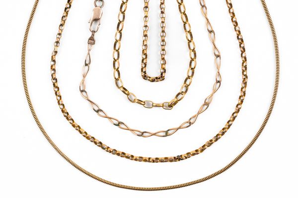 A 9CT GOLD BRAZIL LINK NECKCHAIN AND FOUR FURTHER PIECES OF MOSTLY 9CT GOLD CHAIN (5)