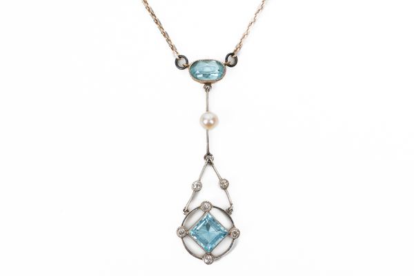 AN AQUAMARINE, DIAMOND AND CULTURED PEARL NECKLACE