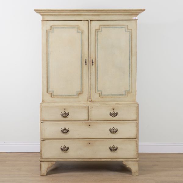 A GEORGE III AND LATER PAINTED PINE LINEN PRESS