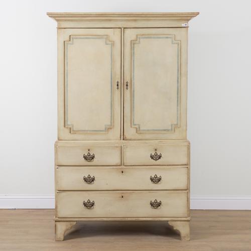 A GEORGE III AND LATER PAINTED PINE LINEN PRESS