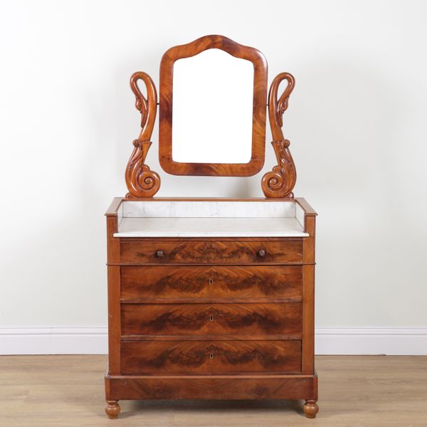 A 19TH CENTURY CONTINENTAL MAHOGANY MARBLE TOPPED FOUR DRAWER DRESSING CHEST