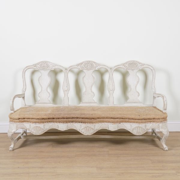 A LATE 18TH CENTURY SWEDISH WHITE PAINTED TRIPLE SEAT BACK OPEN ARM SOFA