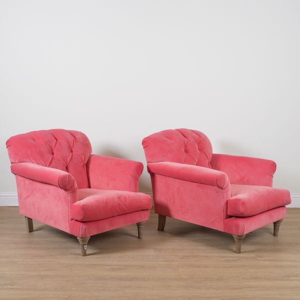 LOAF; A PAIR OF PINK VELVET UPHOLSTERED ARMCHAIRS (2)