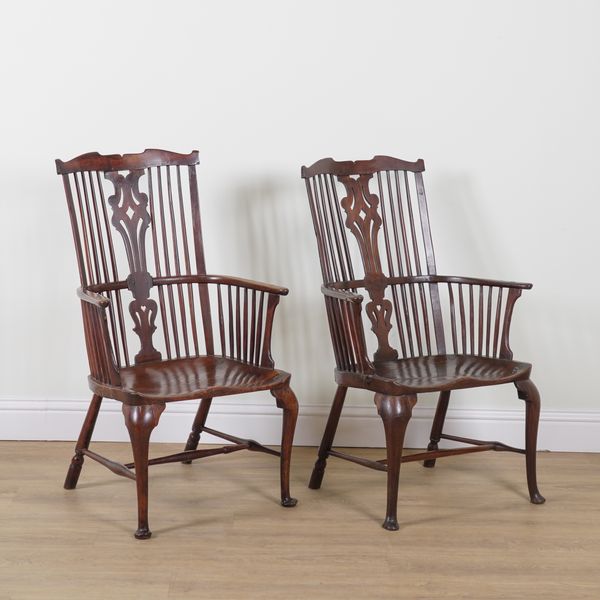 A MATCHED PAIR OF 18TH CENTURY AND LATER THAMES VALLEY COMB BACK ASH AND ELM WINDSOR CHAIRS (2)