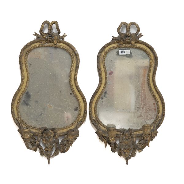 A PAIR OF VICTORIAN GILT FRAMED TWIN BRANCH GIRANDOLE MIRRORS (2)