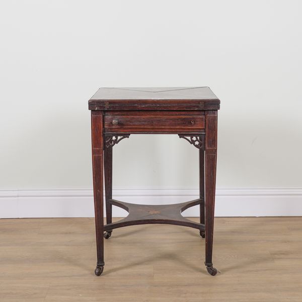 A LATE 19TH CENTURY MARQUETRY INLAID ROSEWOOD ENVELOPE CARD TABLE