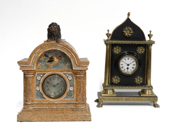 A FRENCH SIMULATED MARBLE GLAZED CERAMIC ARCHITECTURAL TIMEPIECE (2)