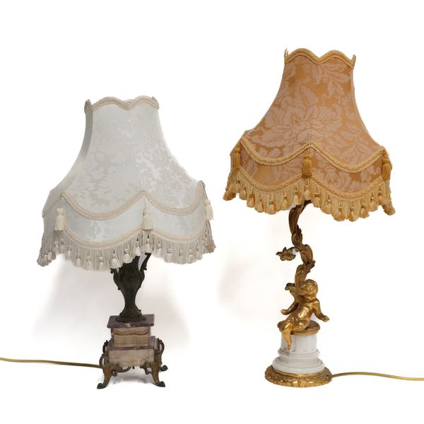 A LOUIS XV STYLE CHERUB MOUNTED ACANTHUS TABLE LAMP AND ANOTHER (2)