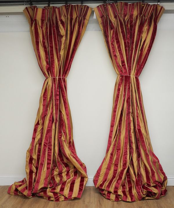 TWO PAIRS OF WOVEN GOLD SILK AND RED VELVET STRIPED TRIPLE PLEATED CURTAINS (4)