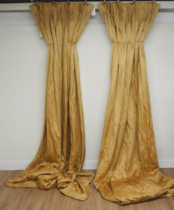 TWO PAIRS OF GOLD SILK AND COMPOSITION TRIPLE PLEATED CURTAINS (4)