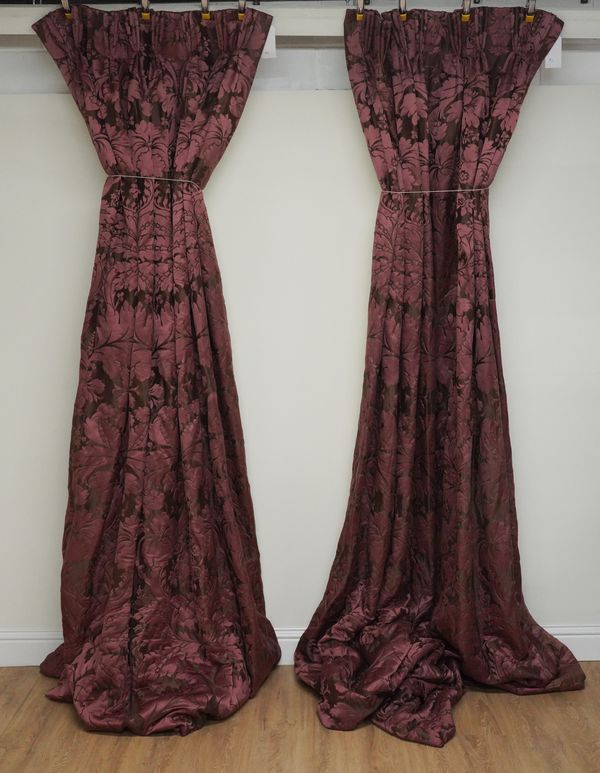 THREE PAIRS OF BURGUNDY RED BROCATELLE ACANTHUS PATTERN TRIPLE PLEATED CURTAINS (6)