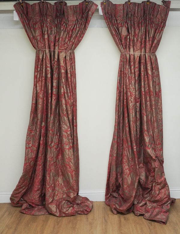 TWO PAIRS OF ROSE PUMICE BROCATELLE ACANTHUS LEAF PATTERN TRIPLE PLEATED CURTAINS (4)