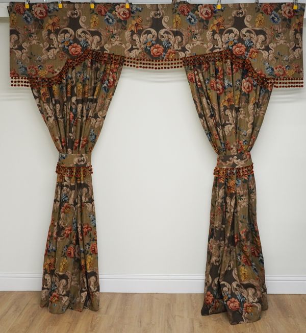 THREE PAIRS OF FLORAL PRINT INTERLINED CURTAINS WITH TIE BACKS (QTY)