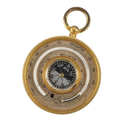 A MULTI FUNCTION GILT METAL CASED TRAVELLING BAROMETER/COMPASS/THERMOMETER (2)