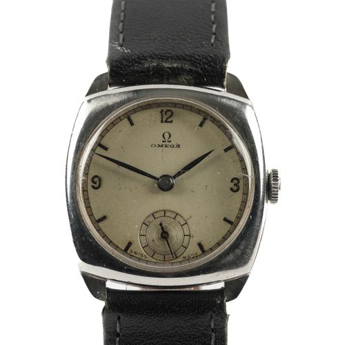 AN OMEGA STEEL CUSHION SHAPED CASED GENTLEMANS WRISTWATCH