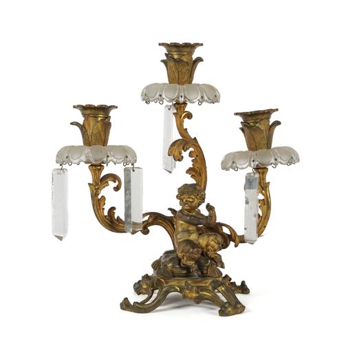 MESSENGER & SONS: AN EARLY VICTORIAN GILT BRONZE AND GLASS MOUNTED THREE LIGHT CANDELABRUM