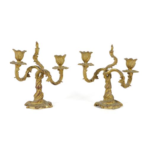 A PAIR OF LOUIS XV STYLE ROCOCO REVIVAL GILT-METAL TWIN LIGHT CANDELABRA (2)