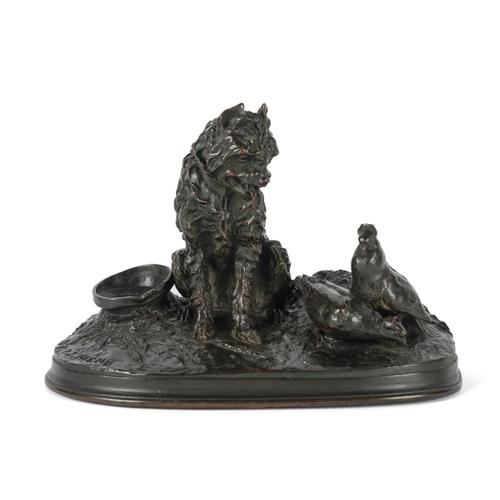 PIERRE-JULES MENE (FRENCH 1810-1879): A FRENCH PATINATED BRONZE ANIMALIER GROUP OF 'CHIEN ET PIGEON'