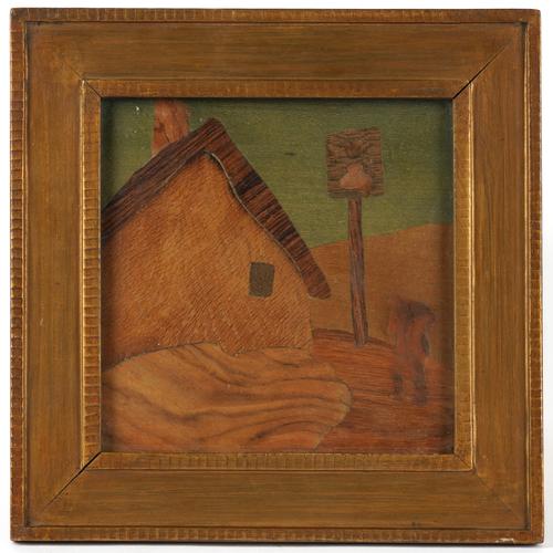 ROWLEY GALLERY: A MARQUETY WOOD PANEL 'HALF-WAY HOUSE'