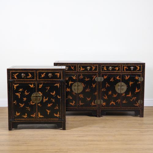 A BLACK LACQUER CHINOISERIE DECORATED SIDEBOARD (2)