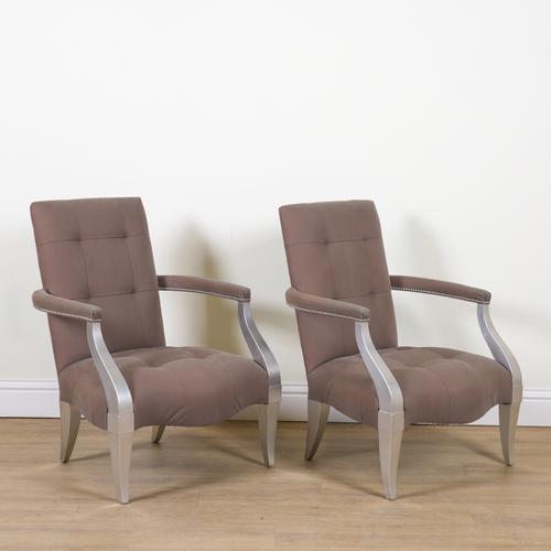 DONGHIA; A PAIR OF SILVER PAINTED UPHOLSTERED OPEN ARMCHAIRS (2)