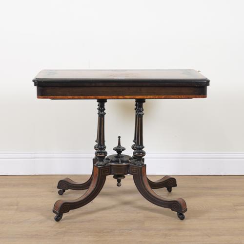 A VICTORIAN AESTHETIC MOVEMENT EBONISED AMBOYNA BANDED CARD TABLE