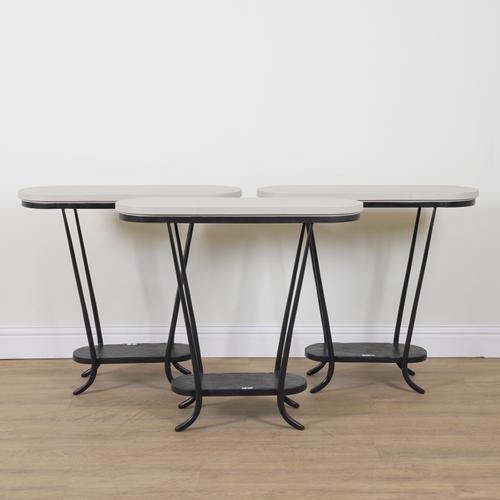 ECCO TRADING, PARIS CONSOLE; THREE WHITE LEATHER TOPPED CONSOLE TABLES (3)