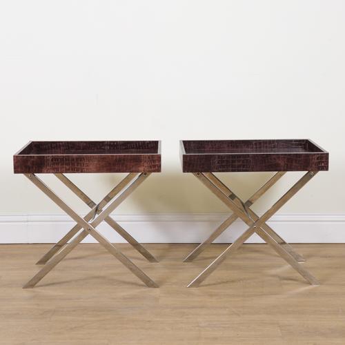 A PAIR OF FAUX ALLIGATOR SKIN UPHOLSTERED GALLERIED BUTLER'S TRAY TABLES (2)