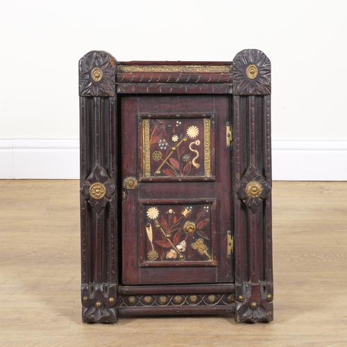 AN UNUSUAL SPANISH BONE AND PRECIOUS STONE INLAID, GILT METAL MOUNTED WALNUT HANGING CORNER CUPBOARD