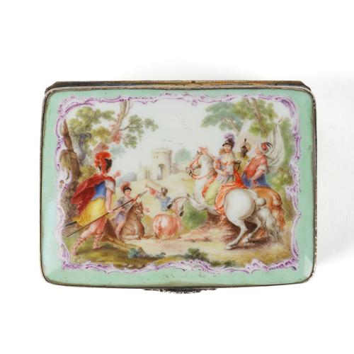 A GERMAN GILT-METAL MOUNTED PORCELAIN RECTANGULAR SNUFF BOX AND COVER