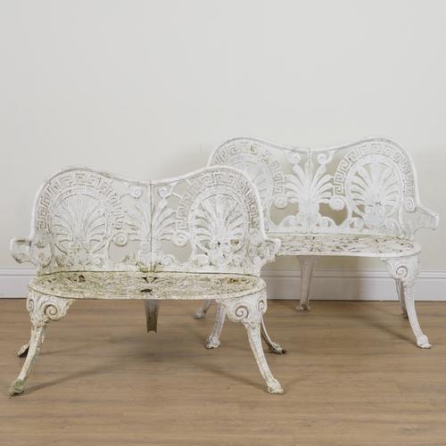 A PAIR OF WHITE PAINTED CAST ALUMINIUM DOUBLE BACK GARDEN BENCHES (2)