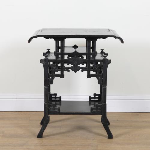 POSSIBLY EW. GODWIN; AN EARLY 20TH CENTURY EBONISED EASTERN INFLUENCED OCCASIONAL TABLE