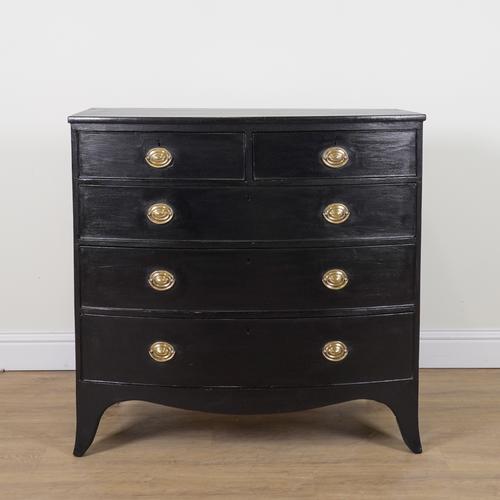 A 19TH CENTURY AND LATER BLACK PAINTED BOWFRONT CHEST OF DRAWERS