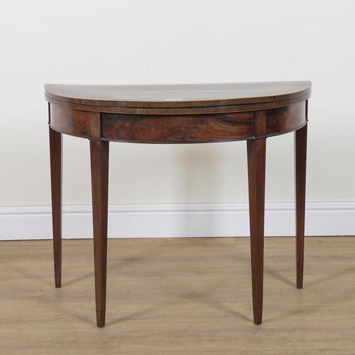 A GEORGE III INLAID MAHOGANY DEMI LUNE FOLDOVER CARD TABLE