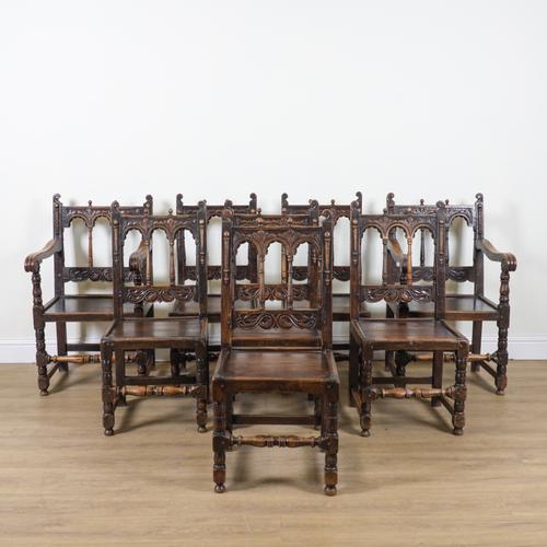 A SET OF EIGHT 17TH CENTURY STYLE OAK DINING CHAIRS (8)