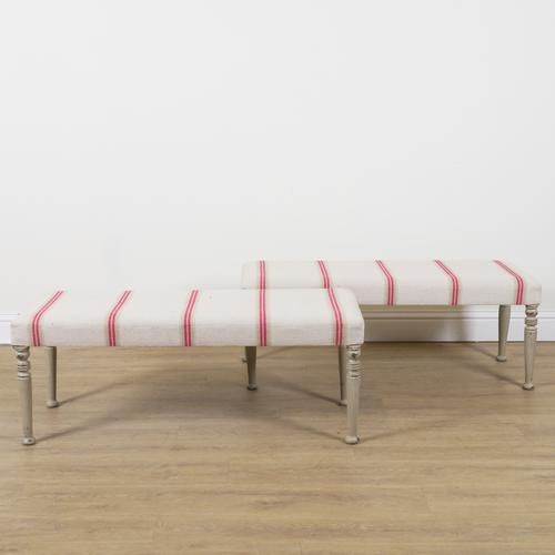 A PAIR OF GREY PAINTED RECTANGULAR FOOTSTOOLS (2)