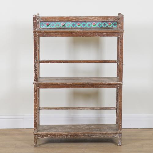 A SET OF DISTRESSED PAINTED HARDWOOD THREE TIER OPEN SHELVES