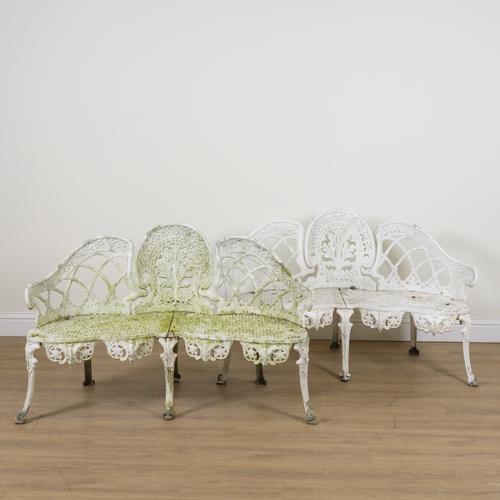 A PAIR OF WHITE PAINTED CAST ALUMINIUM DOUBLE BACK GARDEN BENCHES (2)